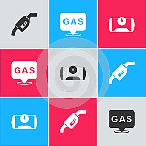Set Gasoline pump nozzle, Location and gas station and tank for vehicle icon. Vector