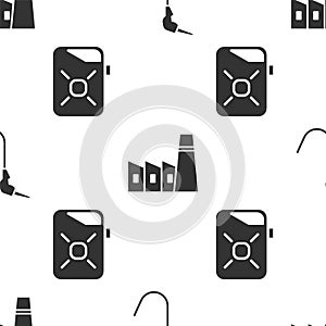 Set Gasoline pump nozzle, Oil industrial factory building and Canister for motor oil on seamless pattern. Vector