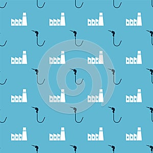 Set Gasoline pump nozzle and Oil industrial factory building on seamless pattern. Vector