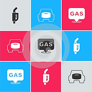 Set Gasoline pump nozzle, Spare wheel the car and Location and gas station icon. Vector