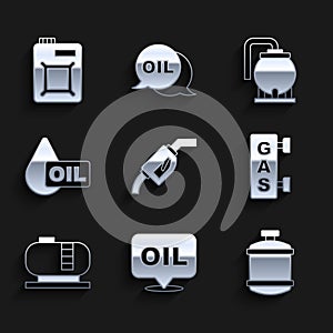 Set Gasoline pump nozzle, Word oil, Propane gas tank, filling station, Oil storage, drop, and Canister for motor icon