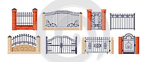 Set of gates, fence outdoor exterior entrance. Architectural ornament decoration railing wall from forged metal structures