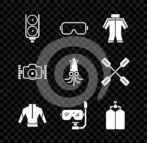 Set Gauge scale, Diving mask, Wetsuit, and snorkel, Aqualung, Photo camera and Octopus icon. Vector