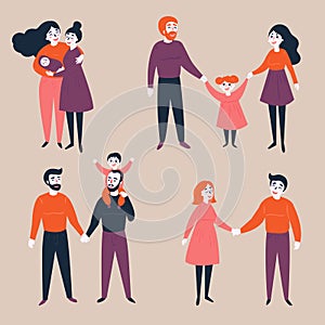 Set of gay lgbt and traditional couples with child