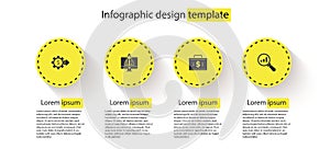 Set Gear with dollar, Startup project concept, Briefcase and money and Magnifying glass analysis. Business infographic