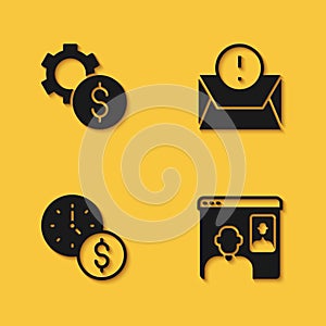 Set Gear with dollar symbol, Video chat conference, Time is money and Envelope icon with long shadow. Vector