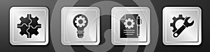 Set Gear, Light bulb and gear, Document settings and pen and Wrench spanner and gear icon. Silver square button. Vector