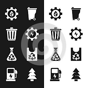 Set Gear and lightning, Trash can, Leaf plant gear machine, Garbage bag with recycle, Plastic, Christmas tree and