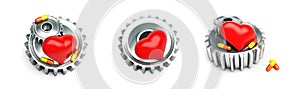 Set gear and red heart and pills on a white background 3D illustration