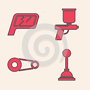 Set Gear shifter, Car mirror, Paint spray gun and Timing belt kit icon. Vector