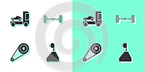 Set Gear shifter, Car transporter truck, Timing belt kit and Chassis car icon. Vector