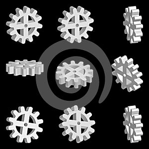 Set of gear wheels, 3D gear machines in different projections