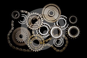 Set of gears, ball-bearings and chain