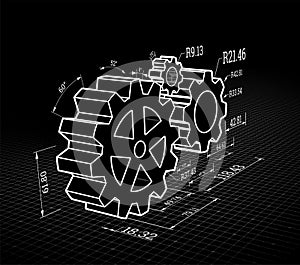 Set of gears on a black background. Vector illustration, blueprint style.