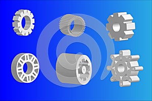 Set of Gears and Wheels 3 Dimensional Illustration Icons Different Types