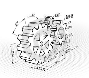 Set of gears on a white background. Vector illustration, blueprint style.