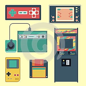 Set of geek gaming retro gadgets from the nineties. Old game entertainment devices of the 90s. Electronics from the 20th century