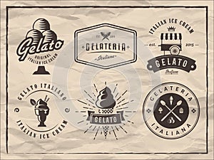 Set of gelato badges on vintage paper background.