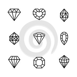 Set of Gemstone icons in a linear minimal style. Vector diamonds and gems linear logo design elements