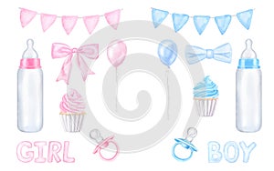 Set for gender reveal party, baby shower. Newborn boy or girl. Blue pink flags, milk bottle, pacifier, bow, balloon