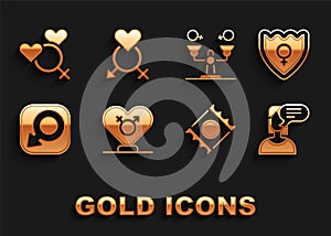 Set Gender, shield, Female, opinion, Condom package, Male gender, equality, and icon. Vector