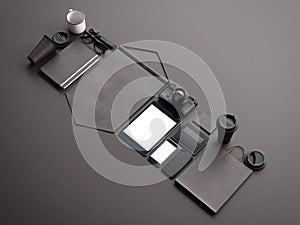 Set of generic design office elements on the black background. 3d render