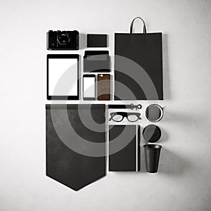 Set of generic design office elements on the white background. Square, top view. 3d render