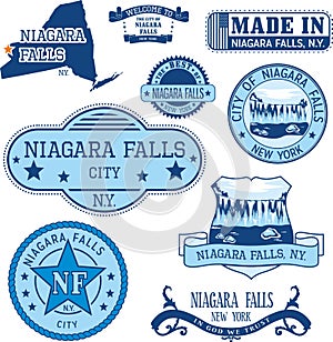 Set of generic stamps and signs of Niagara Falls, NY