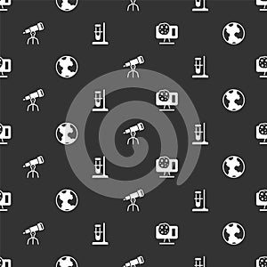 Set Genetic engineering, Earth globe, Telescope and Test tube flask on stand on seamless pattern. Vector