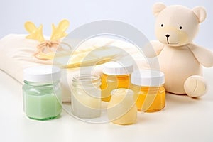 set of gentle baby skincare products like moisturizing lotions, soaps