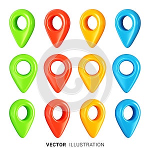 Set of geo tag, geolocation or map pin icons in different colors, front and three-quarter view