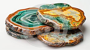 A set of geode coasters crafted with unique swirling patterns in shades of ayst jade and amber.