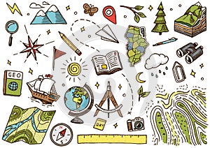 Set of geography symbols. Equipments for web banners. Vintage outline sketch for web banners. Doodle style. Education photo