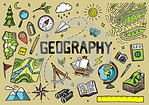 Set of geography symbols. Equipments for web banners. Vintage outline sketch for web banners. Doodle style. Education