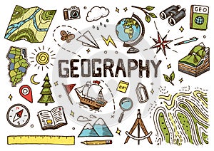 Set of geography symbols. Equipments for web banners. Vintage outline sketch for web banners. Doodle style. Education