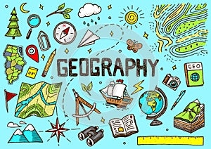 Set of geography symbols. Equipments for web banners. Vintage outline sketch for web banners. Doodle style. Education photo