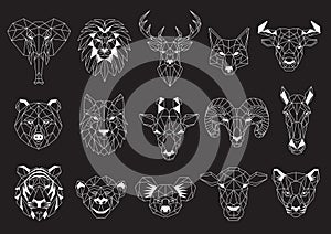 Set of Geometric abstract animals. White animals on black background. Trendy mono line vector design