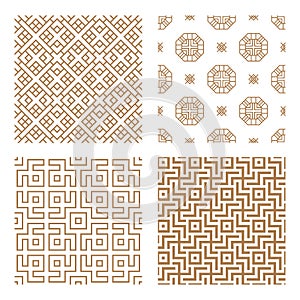 Set geometric asian abstract seamless vector pattern including traditional korean or chinese motive with typical lines and