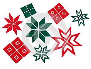 Set of geometric Christmas decoration elements in green and red colors on a white background.