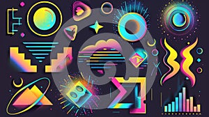The set of geometric forms and symbols is designed in a retro futuristic 2000s style and features psychedelic elements.