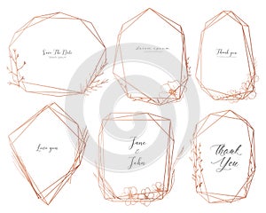 Set of geometric frame, Hand drawn flowers, Botanical composition, Decorative element for wedding card, Invitations