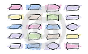 A set of geometric frames with colored dies in the style of a pencil sketch. A vector collection of frames and templates