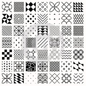 Set of geometric seamless patterns, triangles, lines, circles