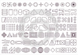 A set of 112 geometric shapes inspired by different art styles like abstract, brutalist, y2k and retro futurist, modernist. photo