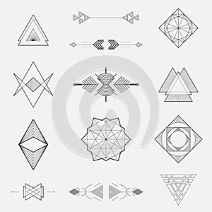 Set of geometric shapes, triangles, line design,