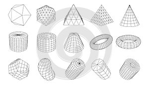 A set of geometric shapes from a wireframe. A collection of miscellaneous objects for use in HUD design. Network line concept.