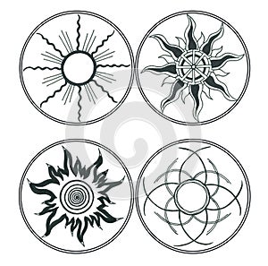 Set of geometric stylized images of the sun in the circle frames