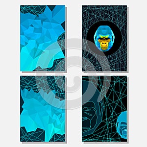 Set with geometric triangle abstract gorilla portrait and polygonal background
