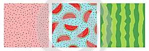 Set of geometric watermelon seamless patterns. Slices, seeds, watermelon peel texture. 1980 - 1990`s fashion style.