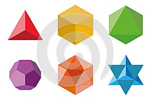 Set of geometrical elements and shapes: pyramid, cube, octahedron, dodecahedron, icosahedron and Davids Star.